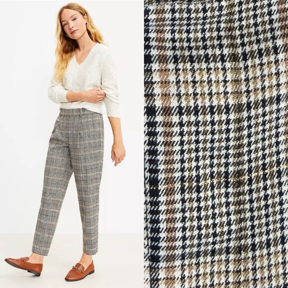LOFT Metallic Plaid Pull On Tapered Dress Pants Medium Tall